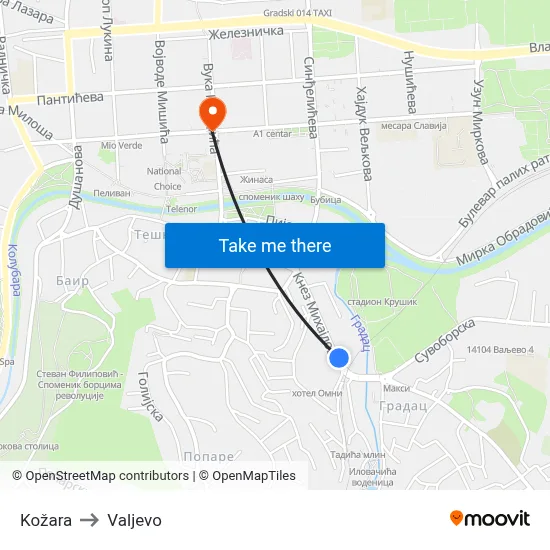 Kožara to Valjevo map