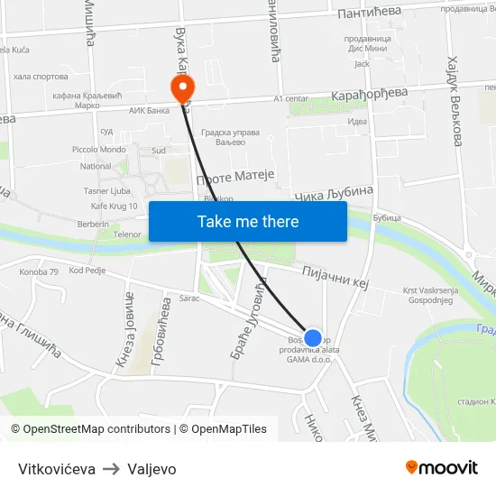 Vitkovićeva to Valjevo map