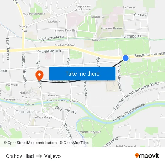 Orahov Hlad to Valjevo map