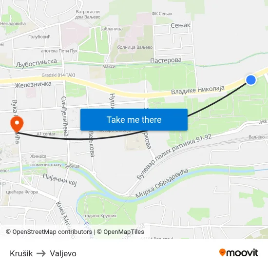 Krušik to Valjevo map