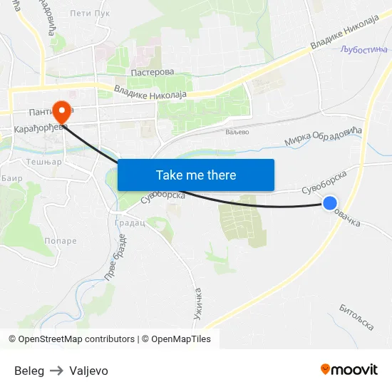 Beleg to Valjevo map