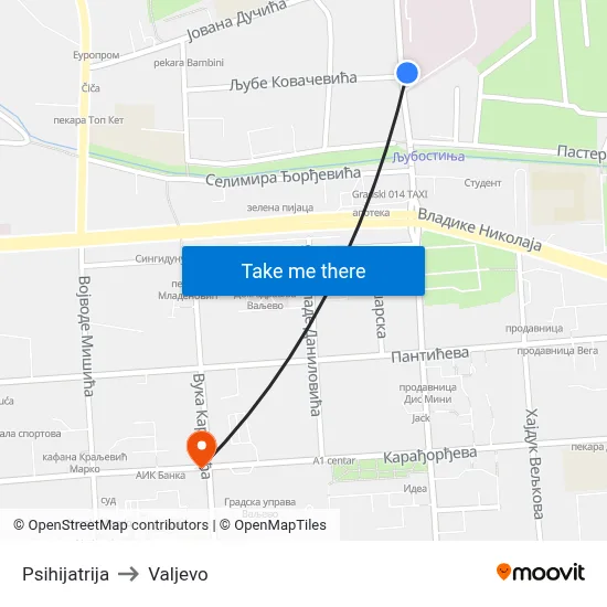 Psihijatrija to Valjevo map