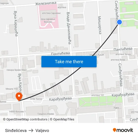Sindjelic Street to Valjevo map