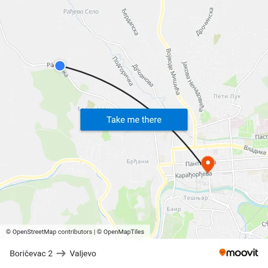 Boričevac 2 to Valjevo map