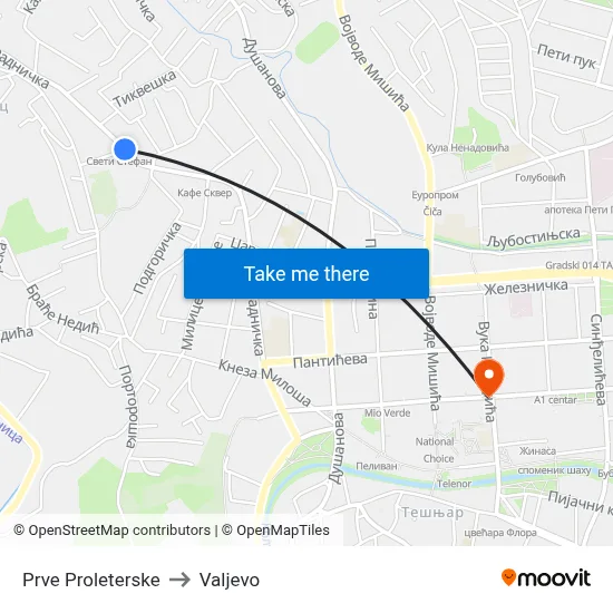 Prve Proleterske to Valjevo map