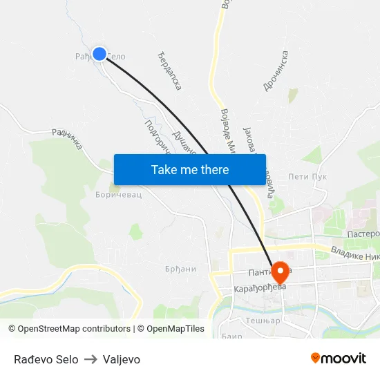 Rađevo Selo to Valjevo map