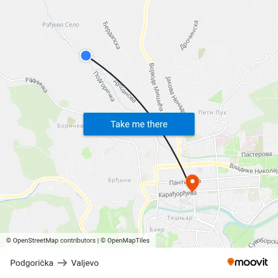 Podgorička to Valjevo map