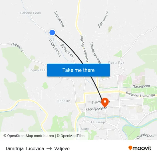Dimitrija Tucovica to Valjevo map