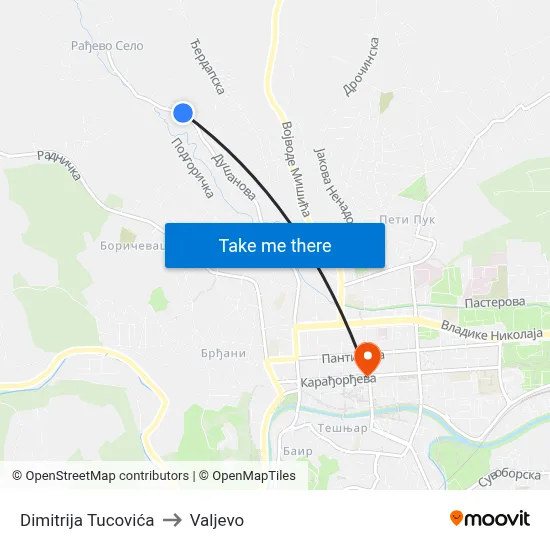 Dimitrija Tucovica to Valjevo map