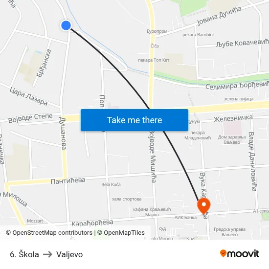 6th School to Valjevo map