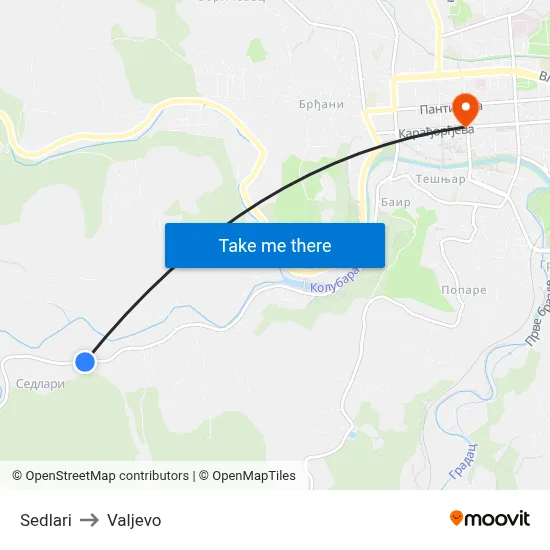Sedlari to Valjevo map