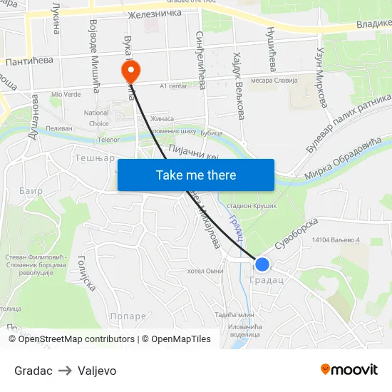 Gradac to Valjevo map