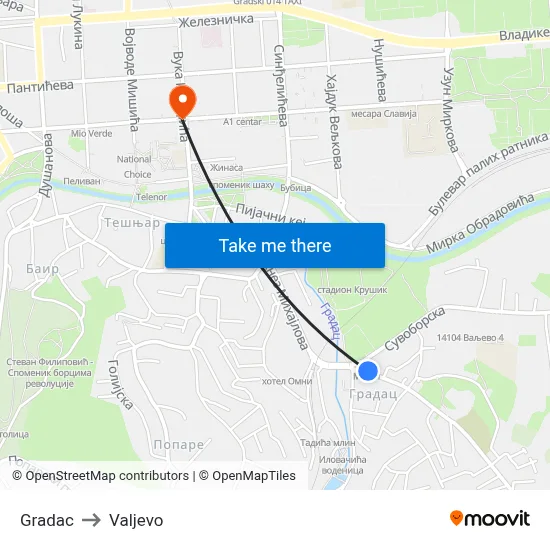Gradac to Valjevo map
