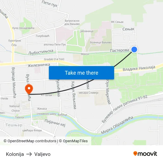 Kolonija to Valjevo map