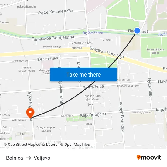 Bolnica to Valjevo map