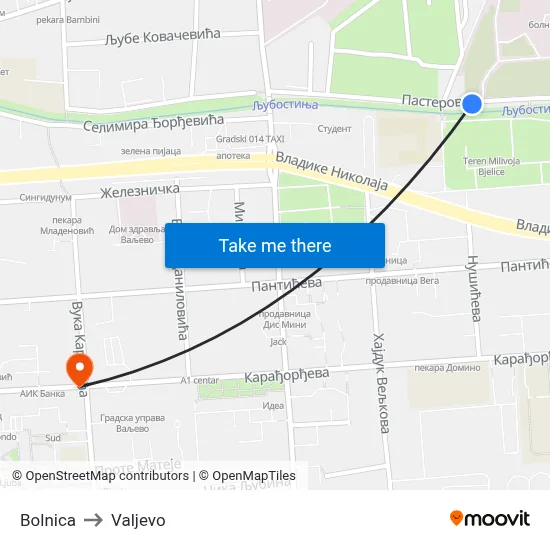 Bolnica to Valjevo map