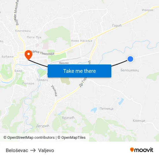Belosevac to Valjevo map