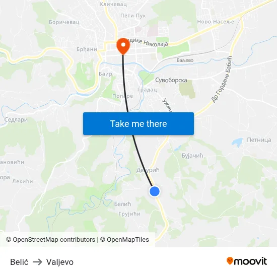 Belic to Valjevo map