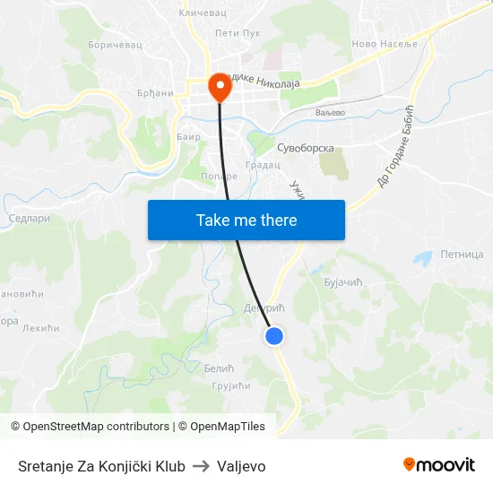 Junction to Equestrian Club to Valjevo map