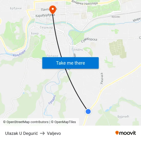 Entrance to Deguric to Valjevo map