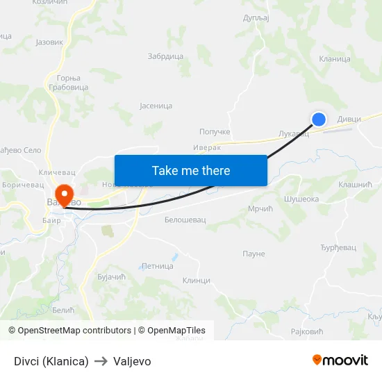 Divci (Klanica) to Valjevo map