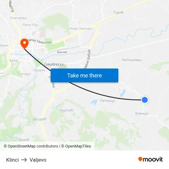 Klinci to Valjevo map