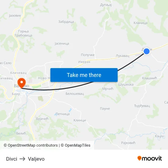Divci to Valjevo map