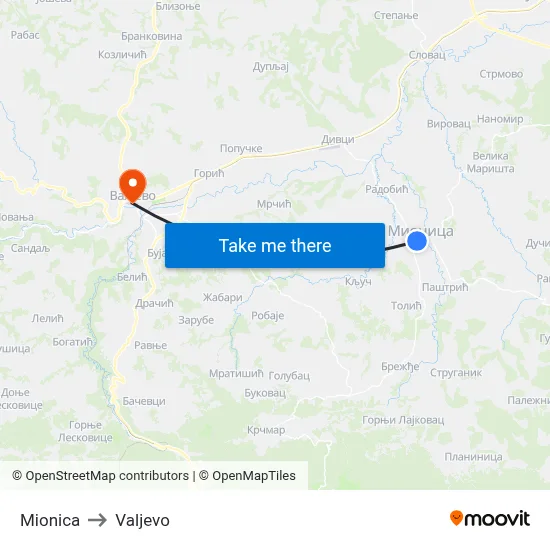 Mionica to Valjevo map