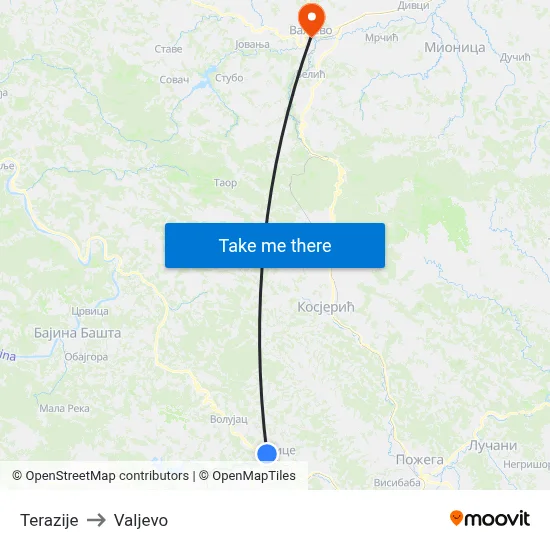 Terazije to Valjevo map