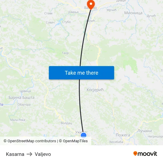 Kasarna to Valjevo map