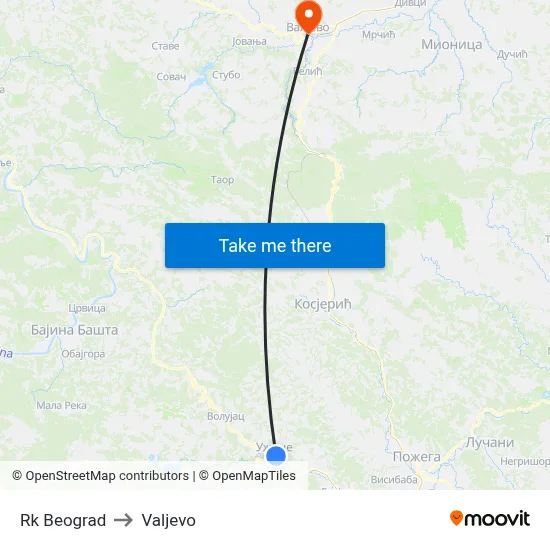 Rk Beograd to Valjevo map