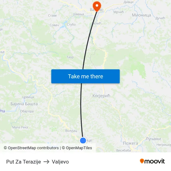 Put Za Terazije to Valjevo map