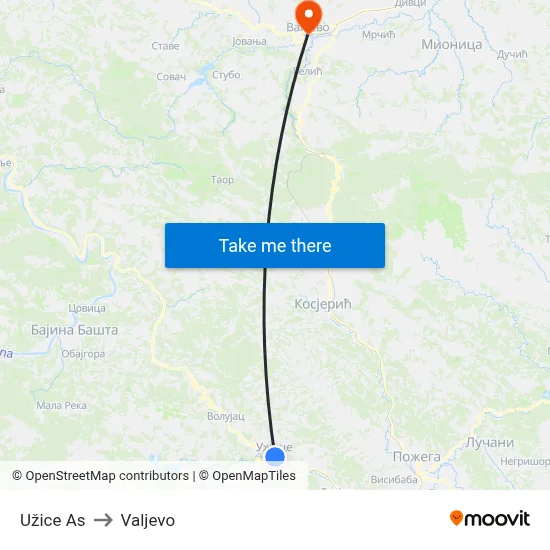 Uzice Bus Station to Valjevo map