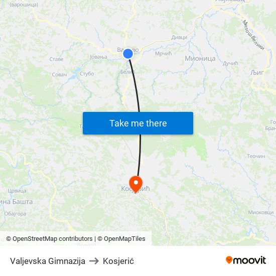 Valjevska Gimnazija to Kosjerić map