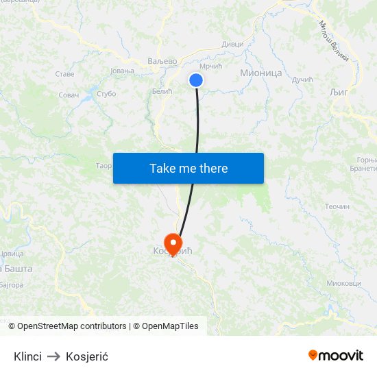 Klinci to Kosjerić map