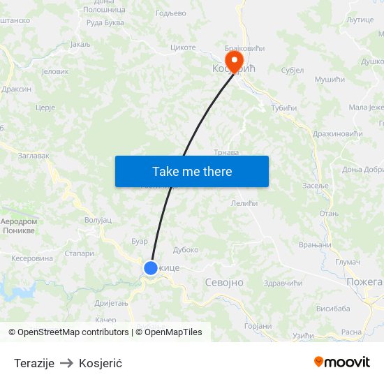 Terazije to Kosjerić map