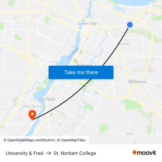 University & Fred to St. Norbert College map