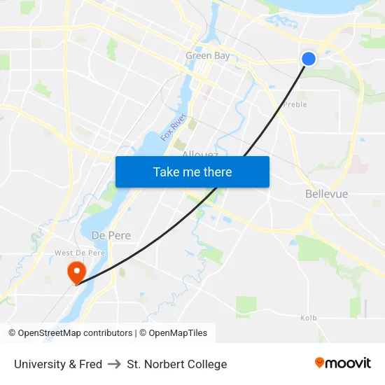 University & Fred to St. Norbert College map
