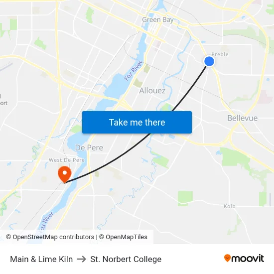 Main & Lime Kiln to St. Norbert College map