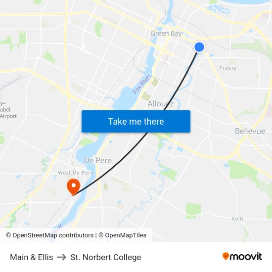 Main & Ellis to St. Norbert College map