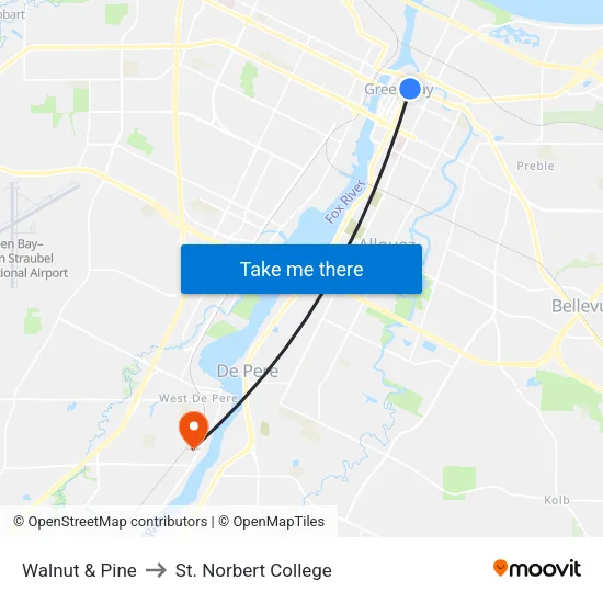 Walnut & Pine to St. Norbert College map