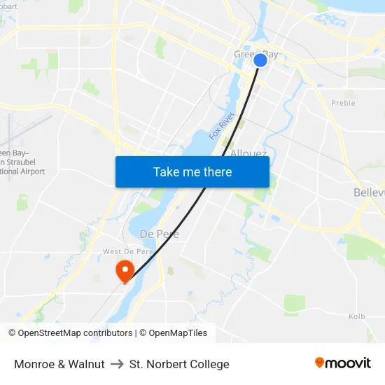 Monroe & Walnut to St. Norbert College map