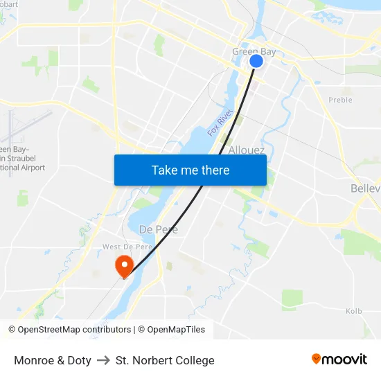 Monroe & Doty to St. Norbert College map