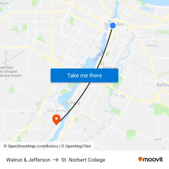 Walnut & Jefferson to St. Norbert College map