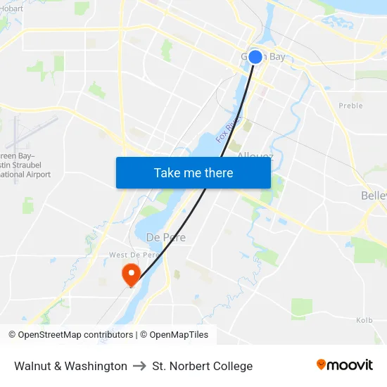 Walnut & Washington to St. Norbert College map