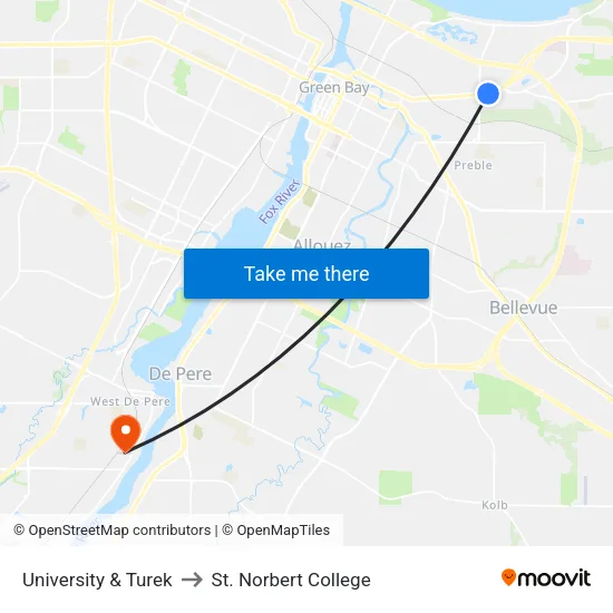 University & Turek to St. Norbert College map