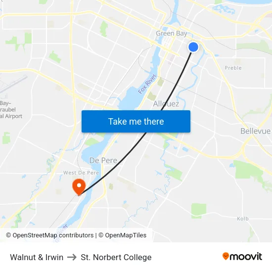 Walnut & Irwin to St. Norbert College map