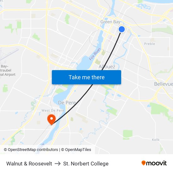 Walnut & Roosevelt to St. Norbert College map