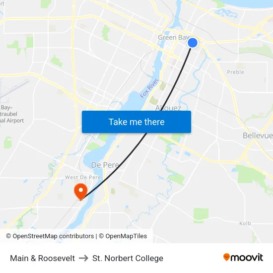 Main & Roosevelt to St. Norbert College map