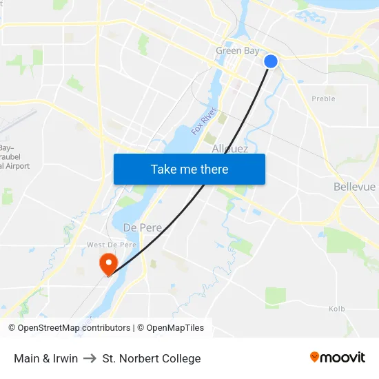 Main & Irwin to St. Norbert College map